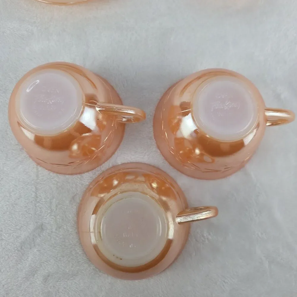 Vintage Set Of 3 Fire King Peach Luster Coffee Tea Cups And Saucers USA